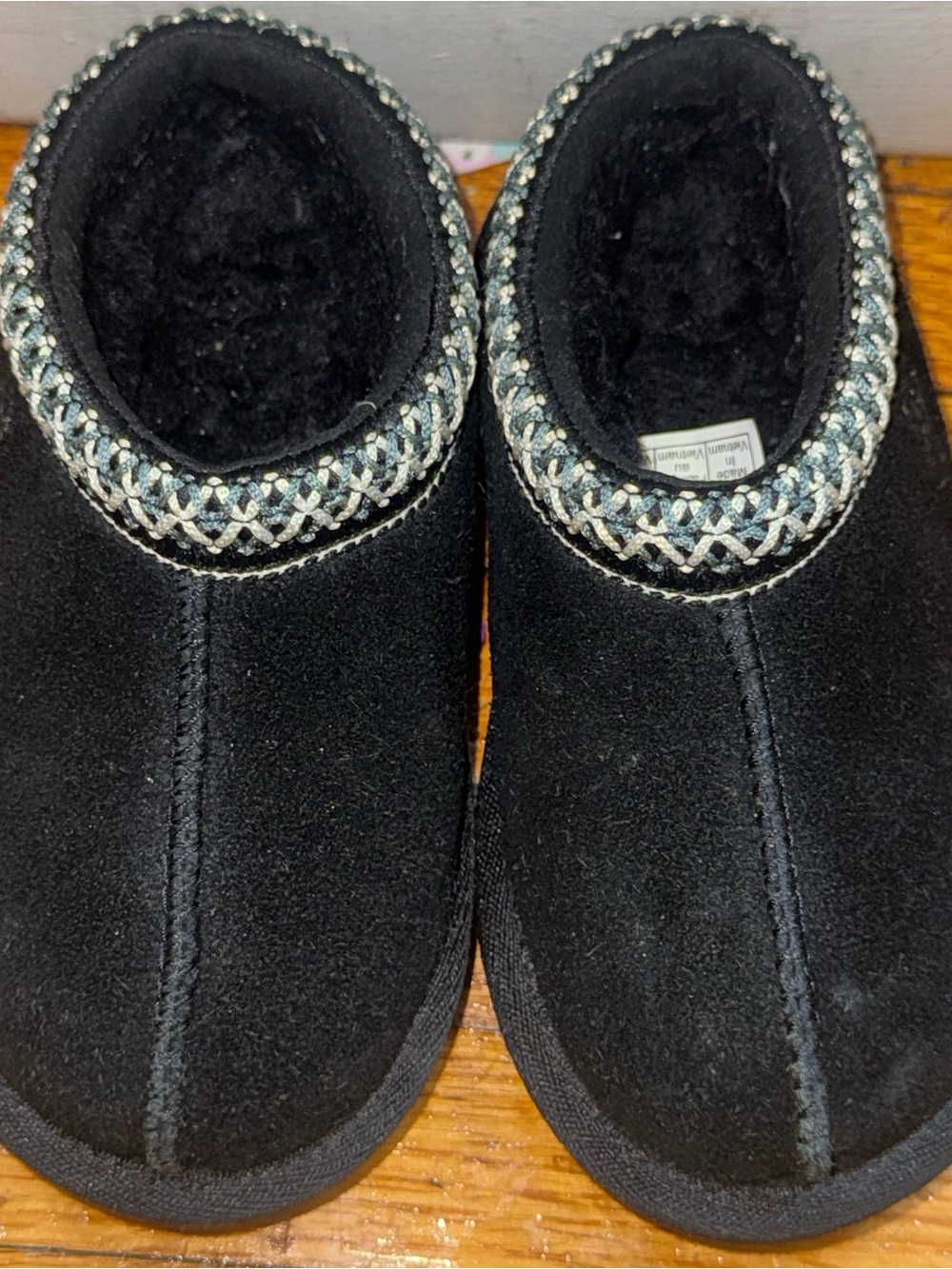 UGG Black Kids Suede Walker Slippers with Silver Braided Trim